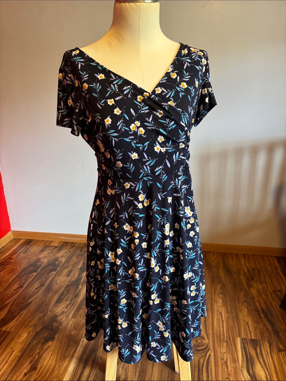 Kaileigh Black Midi Dress with Yellow & Blue Floral Print